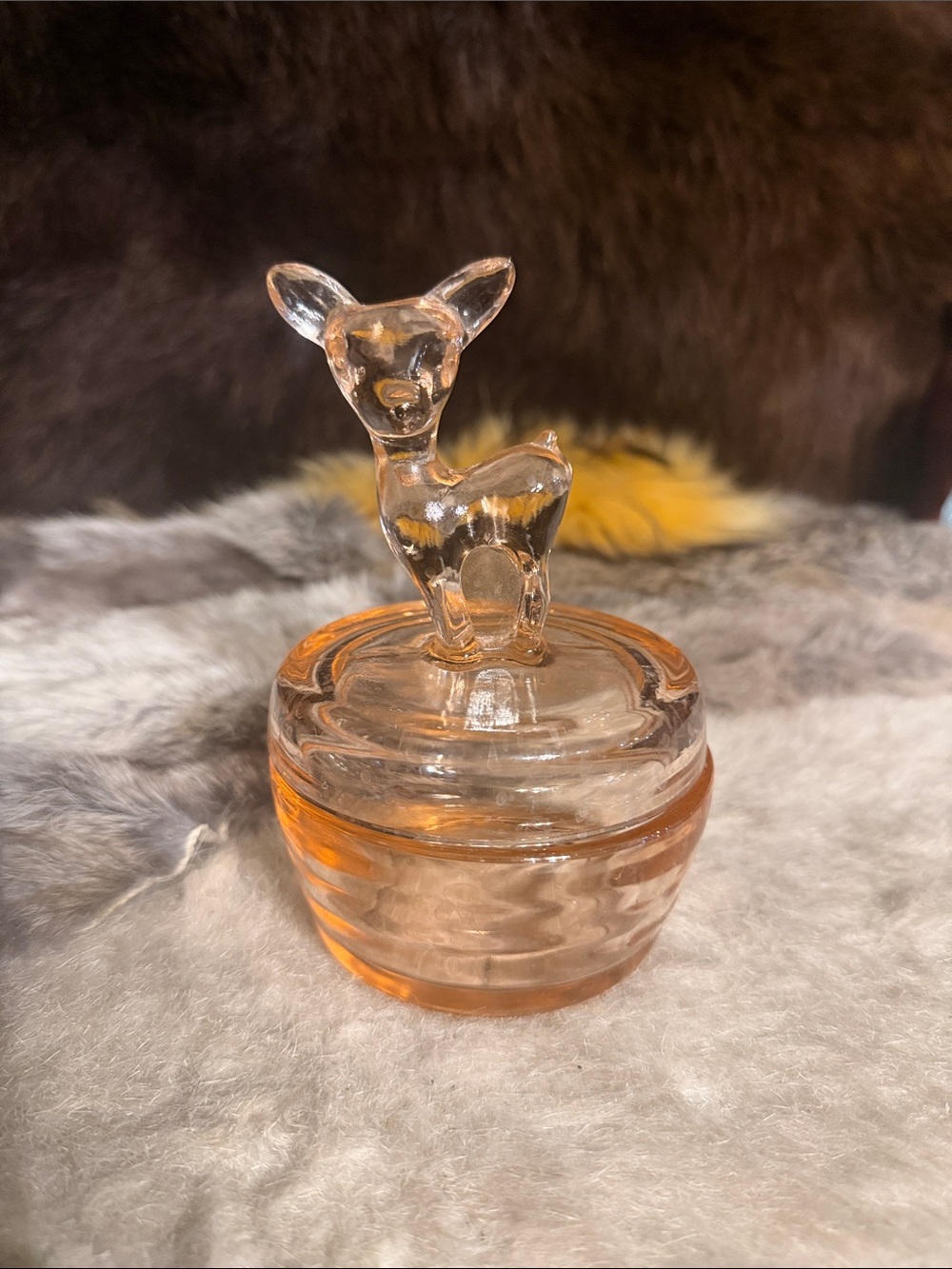 Vintage Jeanette Glass Clear Glass Deer Trinket Jar with Subtle Peach Tint (6003
